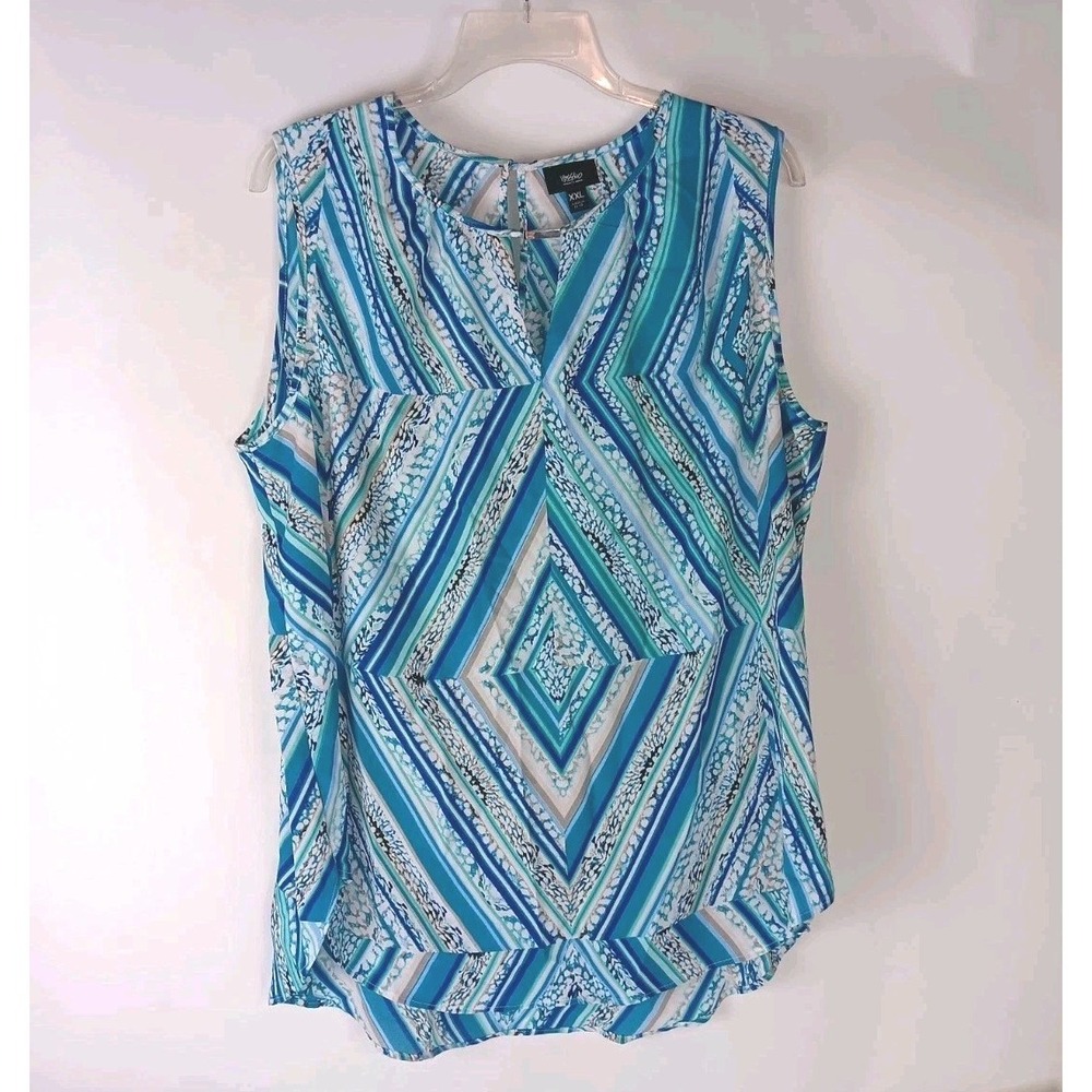 Mossimo XXL Aqua Printed Paisley Keyhole Silver Accent Neck Sleeveless Blouse